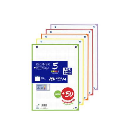 RECAMBIO MARCA OXFORD DIN A4 200+50 HOJAS GRATIS CUADRO 5 MM 4 TALADROS CON BANDA 5 COLORES VIVOS