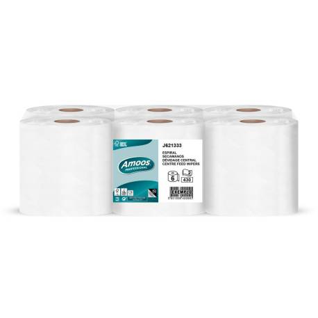 PAPEL SECAMANOS MARCA AMOOS EFFICIENCY PROFESSIONAL 2 CAPAS COLOR BLANCO PAQUETE DE 6 ROLLOS