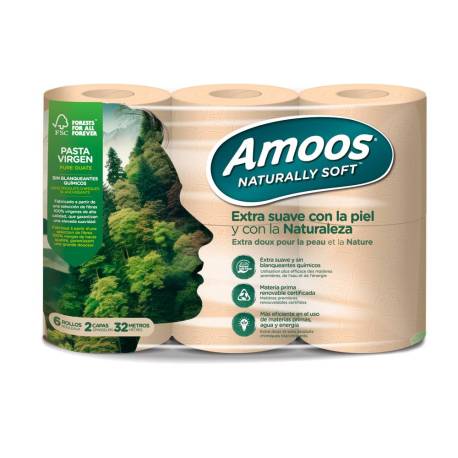 PAPEL HIGIENICO MARCA AMOOS NATURALLY SOFT 2 CAPAS PASTA CRUDA PAQUETE DE 6 ROLLOS 32 M