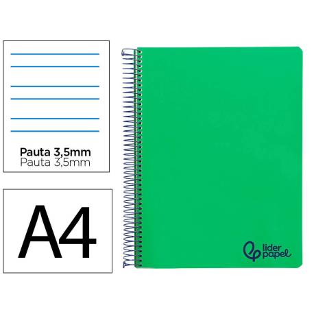 CUADERNO ESPIRAL MARCA LIDERPAPEL A4 WONDER TAPA PLASTICO 80H 90GR PAUTA ANCHA 3,5MM CON MARGEN COLOR VERDE OSCURO
