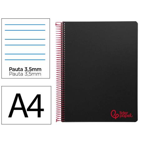 CUADERNO ESPIRAL MARCA LIDERPAPEL A4 WONDER TAPA PLASTICO 80H 90GR PAUTA ANCHA 3,5MM CON MARGEN COLOR NEGRO