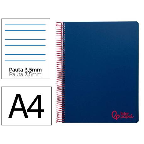 CUADERNO ESPIRAL MARCA LIDERPAPEL A4 WONDER TAPA PLASTICO 80H 90GR PAUTA ANCHA 3,5MM CON MARGEN COLOR AZUL MARINO