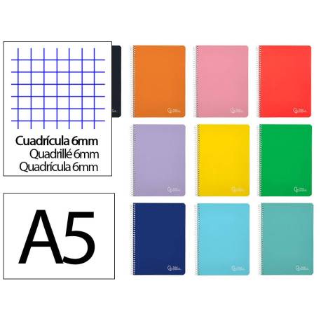 CUADERNO ESPIRAL MARCA LIDERPAPEL DIN A5 WITTY TAPA DURA 80H 90GR CUADRO 6MM CON MARGEN COLORES SURTIDOS