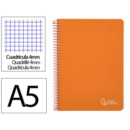 CUADERNO ESPIRAL MARCA LIDERPAPEL DIN A5 WITTY TAPA DURA 80H 90GR CUADRO 4MM CON MARGEN COLOR NARANJA