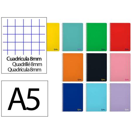 CUADERNO ESPIRAL MARCA LIDERPAPEL DIN A5 SMART TAPA BLANDA 80H 75GR CUADRO 8MM CON MARGEN COLORES SURTIDOS