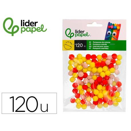 POMPONES DE COLORES MARCA LIDERPAPEL 1 CM TONALIDADES CALIDAS BOLSA CON 120 UNIDADES