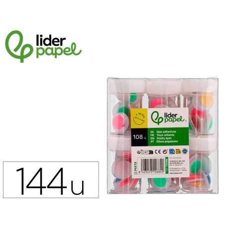 OJO MARCA LIDERPAPEL 18 MM BLANCO CON PUPILA DE COLORES SURTIDOS PACK DE 108 UNIDADES