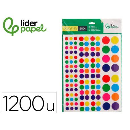 GOMETS MARCA LIDERPAPEL AUTOADHESIVO CIRCULOS COLORES Y TAMAÑOS SURTIDOS BOLSA DE 10 HOJAS 1200 UNIDADES