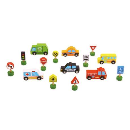 JUEGO INFANTIL MARCA IMAGINOVO MADERA VEHICULOS Y SEÑALES DE TRAFICO +3 AÑOS 16 PIEZAS 30X22X4CM