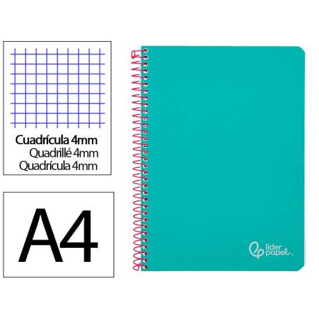 CUADERNO ESPIRAL MARCA LIDERPAPEL DIN A4 WITTY TAPA DURA 80H 90GR CUADRO 4MM CON MARGEN COLOR TURQUESA