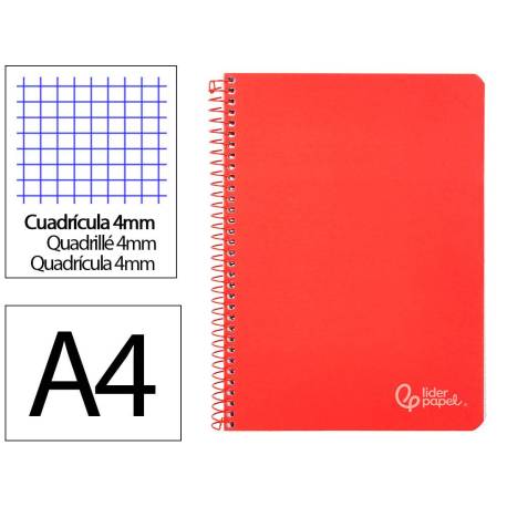 CUADERNO ESPIRAL MARCA LIDERPAPEL DIN A4 WITTY TAPA DURA 80H 90GR CUADRO 4MM CON MARGEN COLOR ROJO