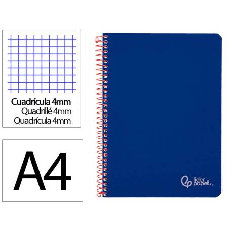 CUADERNO ESPIRAL MARCA LIDERPAPEL DIN A4 WITTY TAPA DURA 80H 90GR CUADRO 4MM CON MARGEN COLOR AZUL OSCURO