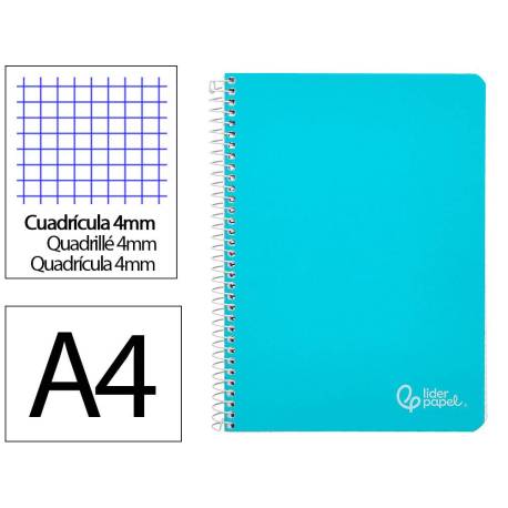 CUADERNO ESPIRAL MARCA LIDERPAPEL DIN A4 WITTY TAPA DURA 80H 90GR CUADRO 4MM CON MARGEN COLOR CELESTE