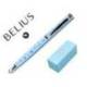 PLUMA BELIUS BELLA ALUMINIO COLOR AZUL CELESTE DISEÑO PLATEADO RELIEVE TINTA AZUL CAJA DE DISEÑO