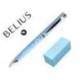 BOLIGRAFO MARCA BELIUS BELLA ALUMINIO COLOR AZUL CELESTE DISEÑO PLATEADO RELIEVE TINTA AZUL CAJA DE DISEÑO