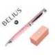 BOLIGRAFO MARCA BELIUS BELLA ALUMINIO COLOR ROSA DISEÑO PLATEADO RELIEVE TINTA AZUL CAJA DE DISEÑO