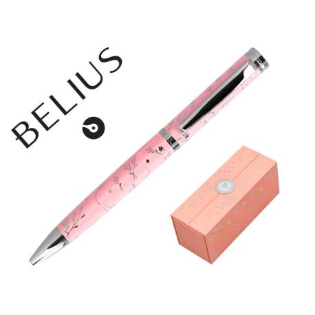 BOLIGRAFO MARCA BELIUS BELLA ALUMINIO COLOR ROSA DISEÑO PLATEADO RELIEVE TINTA AZUL CAJA DE DISEÑO