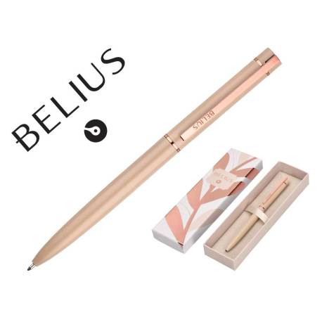 BOLIGRAFO MARCA BELIUS ROSE ALUMINIO COLOR BEIGE CLARO ORO ROSA TINTA AZUL CAJA DE DISEÑO