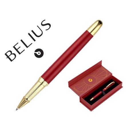 BOLIGRAFO BELIUS SOIREE ALUMINIO ART DECO GRANATE Y DORADO TINTA AZUL CAJA DE DISEÑO