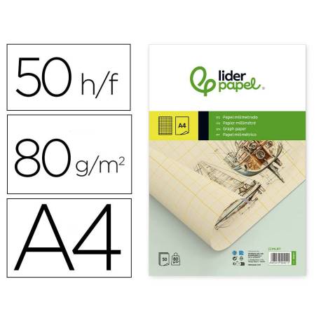 Bloc papel milimetrado liderpapel encolado DIN A4 210x297mm 50 hojas 80g/m2.