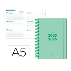 Agenda escolar liderpapel 25-2 6 espiral basic verde menta semana vista DIN a5 bilingüe papel fsc 70 gr.