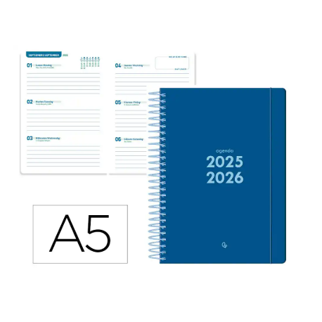 AGENDA ESCOLAR LIDERPAPEL 25- 26 ESPIRAL BASIC AZUL OSCURO SEMANA VISTA A5 BILINGÜE PAPEL FSC 70 GR