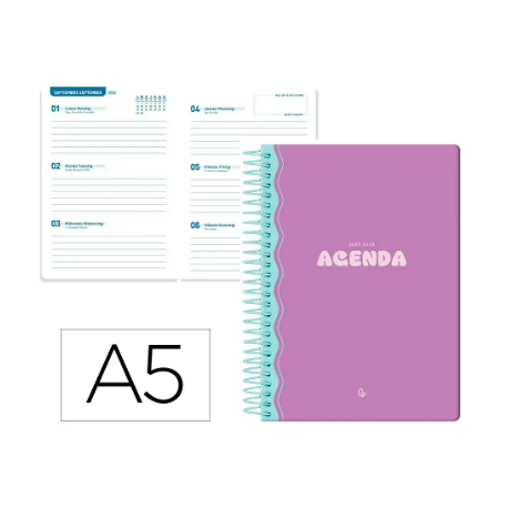 AGENDA ESCOLAR LIDERPAPEL 25-26 ESPIRAL CLASSIC MORADO SEMANA VISTA A5 BILINGÜE PAPEL FSC 70 GR