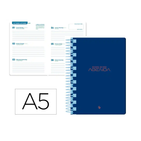 AGENDA ESCOLAR LIDERPAPEL 25-2 6 ESPIRAL CLASSIC AZUL OSCURO SEMANA VISTA A5 BILINGÜE PAPEL FSC 70 GR