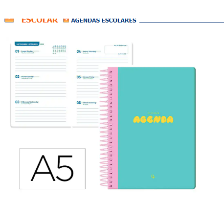 AGENDA ESCOLAR LIDERPAPEL 25-2 6 ESPIRAL CLASSIC AZUL TURQUESA SEMANA VISTA A5 BILINGÜE PAPEL FSC 70 GR