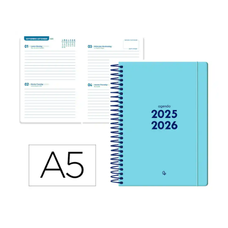 AGENDA ESCOLAR LIDERPAPEL 25-26 ESPIRAL BASIC AZUL 2 DIAS PAGINA A5 BILINGÜE PAPEL FSC 70 GR