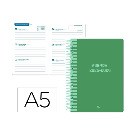 AGENDA ESCOLAR LIDERPAPEL 25-26 ESPIRAL CLASSIC VERDE SEMANA VISTA A5 BILINGÜE PAPEL FSC 70 GR
