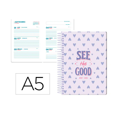 AGENDA ESCOLAR LIDERPAPEL 25-26 ESPIRAL PETITE CORAZONES SEMANA VISTA A5 BILINGÜE PAPEL FSC 80 GR