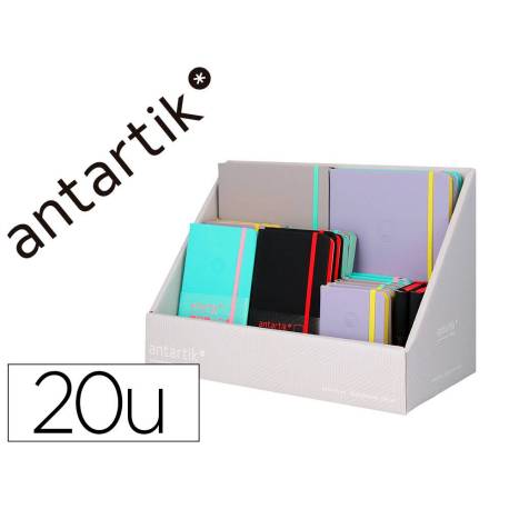CUADERNO CON GOMILLA MARCA ANTARTIK NOTE TAPA DURA Y BLANDA BICOLOR A5/A6/A7 EXPOSITOR DE 20 UNIDADES SURTIDAS