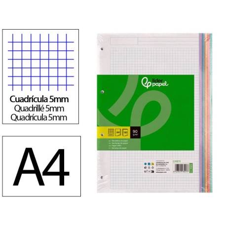 RECAMBIO A4 MARCA LIDERPAPEL 120 HOJAS 90G/M2 CUADRO 5 MM 4 TALADROS BANDAS DE 5 COLORES PASTELES