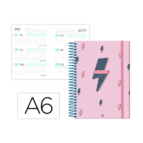 AGENDA ESCOLAR LIDERPAPEL 25-26 ESPIRAL PATTERNS RAYOS ROSA SEMANA VISTA A6 BILINGÜE PAPEL FSC 80 GR