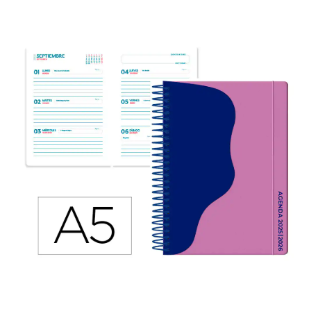 AGENDA ESCOLAR LIDERPAPEL 25-26 ESPIRAL WAVES MORADO SEMANA VISTA A5 BILINGÜE PAPEL FSC 80 GR
