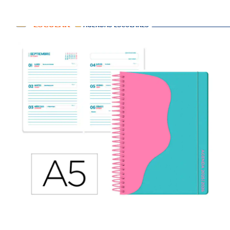 AGENDA ESCOLAR LIDERPAPEL 25-26 ESPIRAL WAVES TURQUESA SEMANA VISTA A5 BILINGÜE PAPEL FSC 80 GR