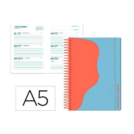 AGENDA ESCOLAR LIDERPAPEL 25-26 ESPIRAL WAVES AZUL SEMANA VISTA A5 BILINGÜE PAPEL FSC 80 GR