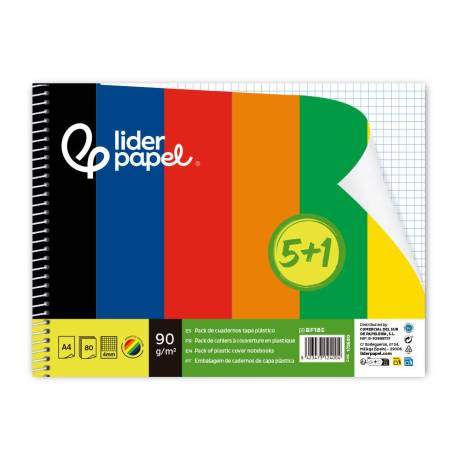 CUADERNO ESPIRAL MARCA LIDERPAPEL DIN A4 TAPA POLIPROPILENO 80H 90GR CUADRO 4MM CON MARGEN PACK 5+1 COLORES SURTIDOS