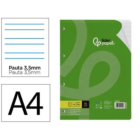 RECAMBIO MARCA LIDERPAPEL DIN A4 100 HOJAS 75 GR PAUTA 4 3.5MM CON MARGEN 4 TALADROS