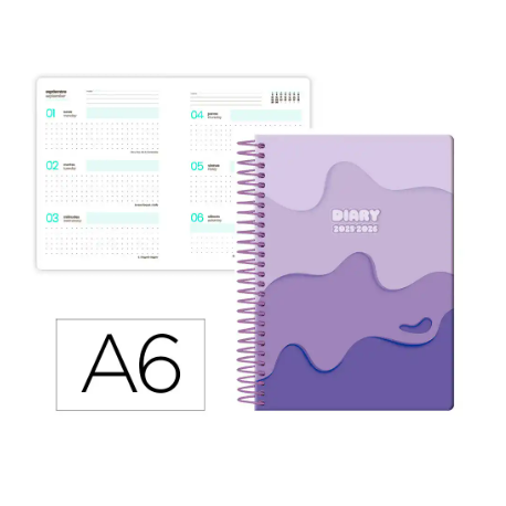 AGENDA ESCOLAR LIDERPAPEL 25-26 ESPIRAL MELTING MORADO SEMANA VISTA A6 BILINGÜE PAPEL FSC 80 GR
