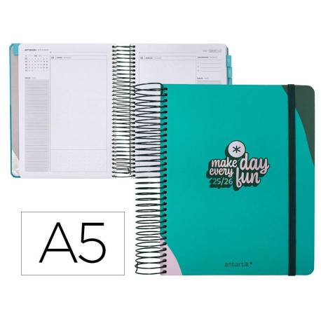 AGENDA ESCOLAR ANTARTIK 25-26 ESPIRAL FUN DAY TURQUESA DIA PAGINA DIN A5 BILINGÜE PAPEL FSC 80 GR