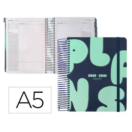 AGENDA ESCOLAR ANTARTIK 25-26 ESPIRAL PLANS AZUL DIA PAGINA DIN A5 BILINGÜE PAPEL FSC 80 GR