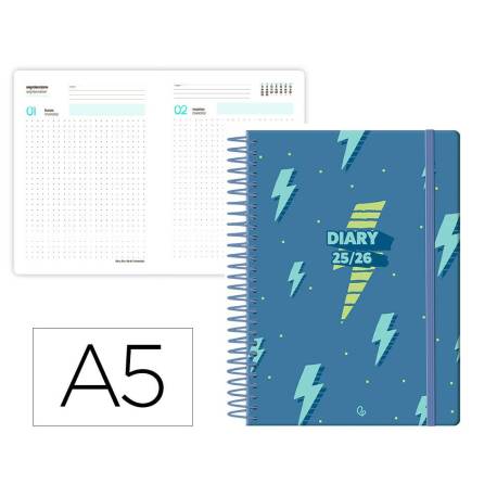 AGENDA ESCOLAR LIDERPAPEL 25-26 ESPIRAL PATTERNS RAYOS AZUL DIA PAGINA DIN A5 BILINGÜE PAPEL FSC 80 GR
