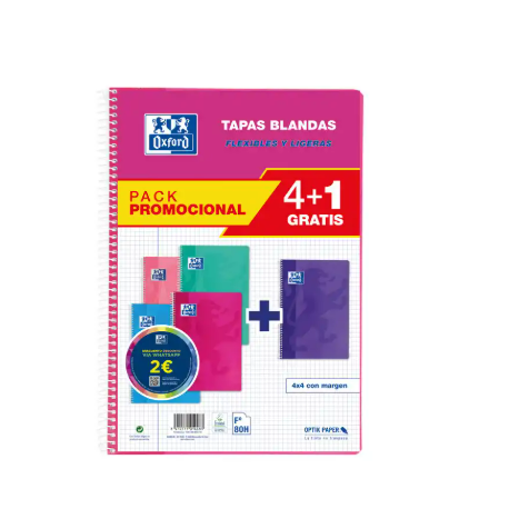 CUADERNO ESPIRAL OXFORD TAPA BLANDA FOLIO 80 HOJAS 90GR CUADRO 4 MM COLORES TENDENCIAS PACK DE 4+1