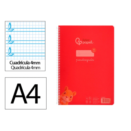 CUADERNO ESPIRAL LIDERPAPEL FOLIO PAUTAGUIA TAPA PLASTICO 80H 75GR CUADRO PAUTADO 4MM CON MARGEN COLOR ROJO