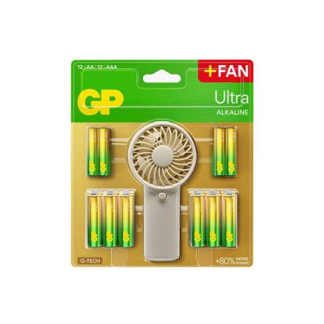 PILA MARCA GP ULTRA ALCALINA BLISTER DE 12 UNIDADES AA + 12 UNIDADES AAA + VENTILADOR DE MANO