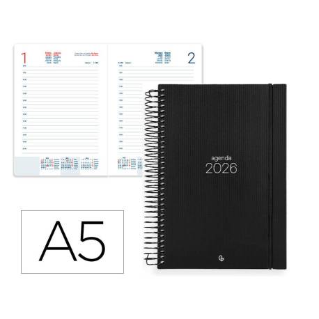 AGENDA ESPIRAL MARCA LIDERPAPEL OLBIA A5 2026 DIA PAGINA NEGRO PAPEL 60 GR FSC