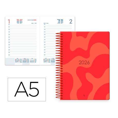 AGENDA ESPIRAL MARCA LIDERPAPEL SYROS A5 2026 DÍA PÁGINA ROJO PAPEL 60G FSC