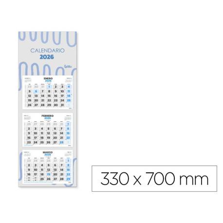 CALENDARIO PARED MARCA LIDERPAPEL 3 MESES VISTAS 2026 PLEGABLE 33X70 CM PAPEL 90 GR